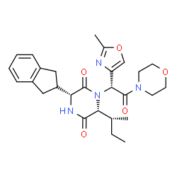 ChemSpider 2D Image | (3R,6R)-6-[(2R)-2-Butanyl]-3-(2,3-dihydro-1H-inden-2-yl)-1-[(1R)-1-(2-methyl-1,3-oxazol-4-yl)-2-(4-morpholinyl)-2-oxoethyl]-2,5-piperazinedione | C27H34N4O5