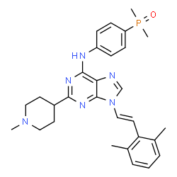 ChemSpider 2D Image | 9-[(E)-2-(2,6-Dimethylphenyl)vinyl]-N-[4-(dimethylphosphoryl)phenyl]-2-(1-methyl-4-piperidinyl)-9H-purin-6-amine | C29H35N6OP