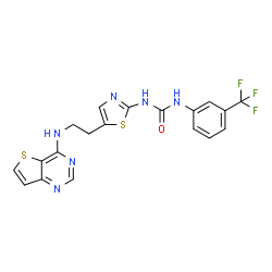 ChemSpider 2D Image | 1-{5-[2-(Thieno[3,2-d]pyrimidin-4-ylamino)ethyl]-1,3-thiazol-2-yl}-3-[3-(trifluoromethyl)phenyl]urea | C19H15F3N6OS2