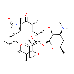 ChemSpider 2D Image | (1S,2R,5R,6S,10S,11R,13R,15S,21S,22R)-5-Ethyl-2,6,11,13,15,21-hexamethyl-18-methylene-3,8,12-trioxo-4,7,16,20-tetraoxa-9-azatricyclo[13.5.2.0~6,10~]docos-22-yl 3,4,6-trideoxy-3-(dimethylamino)-beta-D-
xylo-hexopyranoside | C34H56N2O10