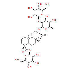 ChemSpider 2D Image | 1-O-[(5beta,8alpha,9beta,10alpha,13alpha)-13-{[6-Deoxy-2-O-(beta-D-glucopyranosyl)-beta-D-mannopyranosyl]oxy}-18-oxokaur-16-en-18-yl]-beta-D-glucopyranose | C38H60O17