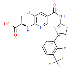 ChemSpider 2D Image | N-[3-Chloro-5-({4-[2-fluoro-3-(trifluoromethyl)phenyl]-1,3-thiazol-2-yl}carbamoyl)-2-pyridinyl]-D-alanine | C19H13ClF4N4O3S