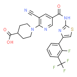 ChemSpider 2D Image | 1-[3-Cyano-5-({4-[2-fluoro-3-(trifluoromethyl)phenyl]-1,3-thiazol-2-yl}carbamoyl)-2-pyridinyl]-4-piperidinecarboxylic acid | C23H17F4N5O3S