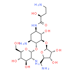 ChemSpider 2D Image | (2S)-4-Amino-N-{(1R,2S,3R,4R,5S)-5-amino-4-[(2-amino-2-deoxy-alpha-D-glucopyranosyl)oxy]-3-[(5-amino-5-deoxy-beta-D-ribofuranosyl)oxy]-2-hydroxycyclohexyl}-2-hydroxybutanamide | C21H41N5O12