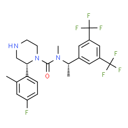 ChemSpider 2D Image | (2R)-N-{(1S)-1-[3,5-Bis(trifluoromethyl)phenyl]ethyl}-2-(4-fluoro-2-methylphenyl)-N-methyl-1-piperazinecarboxamide | C23H24F7N3O