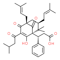 ChemSpider 2D Image | (3R)-3-[(1R,5R,7R)-2-Hydroxy-8,8-dimethyl-3-(3-methylbutanoyl)-5,7-bis(3-methyl-2-buten-1-yl)-4,9-dioxobicyclo[3.3.1]non-2-en-1-yl]-3-phenylpropanoic acid | C35H46O6