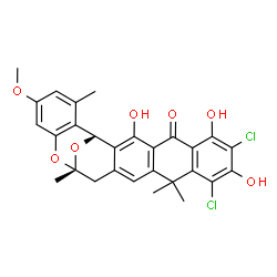 ChemSpider 2D Image | (1S,17S)-8,10-Dichloro-3,7,9-trihydroxy-21-methoxy-12,12,17,23-tetramethyl-18,25-dioxahexacyclo[15.7.1.0~2,15~.0~4,13~.0~6,11~.0~19,24~]pentacosa-2(15),3,6,8,10,13,19,21,23-nonaen-5-one | C28H24Cl2O7