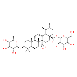 ChemSpider 2D Image | 1-O-{(3beta)-3-[(6-Deoxy-beta-D-glucopyranosyl)oxy]-27-hydroxy-27,28-dioxours-12-en-28-yl}-beta-D-glucopyranose | C42H66O14