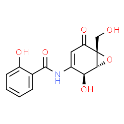 ChemSpider 2D Image | 2-Hydroxy-N-[(1R,2S,6R)-2-hydroxy-6-(hydroxymethyl)-5-oxo-7-oxabicyclo[4.1.0]hept-3-en-3-yl]benzamide | C14H13NO6