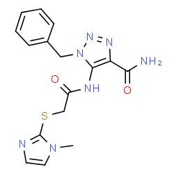 ChemSpider 2D Image | 1-Benzyl-5-({[(1-methyl-1H-imidazol-2-yl)sulfanyl]acetyl}amino)-1H-1,2,3-triazole-4-carboxamide | C16H17N7O2S