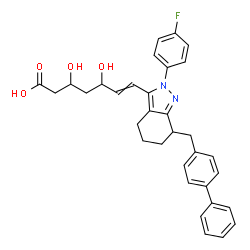 ChemSpider 2D Image | 7-[7-(4-Biphenylylmethyl)-2-(4-fluorophenyl)-4,5,6,7-tetrahydro-2H-indazol-3-yl]-3,5-dihydroxy-6-heptenoic acid | C33H33FN2O4