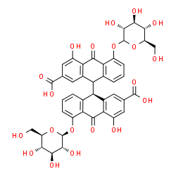 ChemSpider 2D Image | (9R)-5-(beta-D-Glucopyranosyloxy)-5'-(D-glucopyranosyloxy)-4,4'-dihydroxy-10,10'-dioxo-9,9',10,10'-tetrahydro-9,9'-bianthracene-2,2'-dicarboxylic acid | C42H38O20