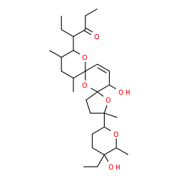 ChemSpider 2D Image | 4-[2-(5-Ethyl-5-hydroxy-6-methyltetrahydro-2H-pyran-2-yl)-15-hydroxy-2,10,12-trimethyl-1,6,8-trioxadispiro[4.1.5.3]pentadec-13-en-9-yl]-3-hexanone | C29H48O7