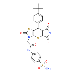 ChemSpider 2D Image | 2-{8-[4-(2-Methyl-2-propanyl)phenyl]-2,5,7-trioxo-4a,5,6,7,7a,8-hexahydropyrrolo[3',4':5,6]thiopyrano[2,3-d][1,3]thiazol-3(2H)-yl}-N-(4-sulfamoylphenyl)acetamide | C26H26N4O6S3