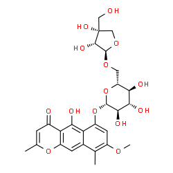 ChemSpider 2D Image | 5-Hydroxy-8-methoxy-2,9-dimethyl-4-oxo-4H-benzo[g]chromen-6-yl 6-O-[(2R,3R,4R)-3,4-dihydroxy-4-(hydroxymethyl)tetrahydro-2-furanyl]-beta-D-glucopyranoside | C27H32O14