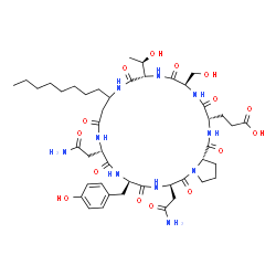ChemSpider 2D Image | 3-[(3S,6R,9S,16S,19R,22R,27aS)-16,22-Bis(2-amino-2-oxoethyl)-19-(4-hydroxybenzyl)-9-[(1R)-1-hydroxyethyl]-6-(hydroxymethyl)-12-octyl-1,4,7,10,14,17,20,23-octaoxohexacosahydro-1H-pyrrolo[1,2-j][1,4,7,1
0,13,16,19,22]octaazacyclopentacosin-3-yl]propanoic acid | C45H68N10O15