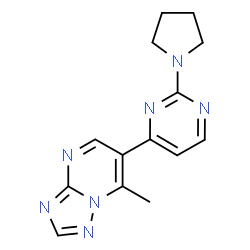 ChemSpider 2D Image | 7-Methyl-6-[2-(1-pyrrolidinyl)-4-pyrimidinyl][1,2,4]triazolo[1,5-a]pyrimidine | C14H15N7