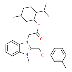 ChemSpider 2D Image | 1-{2-[(2-Isopropyl-5-methylcyclohexyl)oxy]-2-oxoethyl}-3-methyl-2-[(3-methylphenoxy)methyl]-1H-benzimidazol-3-ium | C28H37N2O3
