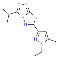 ChemSpider 2D Image | 6-(1-Ethyl-5-methyl-1H-pyrazol-3-yl)-3-isopropyl[1,2,4]triazolo[3,4-b][1,3,4]thiadiazole | C12H16N6S