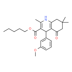 ChemSpider 2D Image | Pentyl 4-(3-methoxyphenyl)-2,7,7-trimethyl-5-oxo-1,4,5,6,7,8-hexahydro-3-quinolinecarboxylate | C25H33NO4