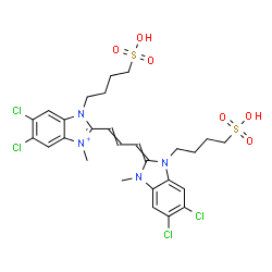 ChemSpider 2D Image | 5,6-Dichloro-2-{3-[5,6-dichloro-1-methyl-3-(4-sulfobutyl)-1,3-dihydro-2H-benzimidazol-2-ylidene]-1-propen-1-yl}-3-methyl-1-(4-sulfobutyl)-1H-benzimidazol-3-ium | C27H31Cl4N4O6S2