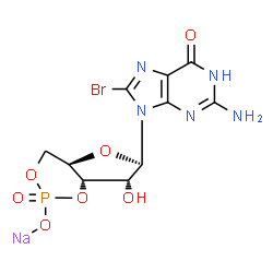 ChemSpider 2D Image | Sodium (4aR,6R,7R,7aS)-6-(2-amino-8-bromo-6-oxo-1,6-dihydro-9H-purin-9-yl)-7-hydroxytetrahydro-4H-furo[3,2-d][1,3,2]dioxaphosphinin-2-olate 2-oxide | C10H10BrN5NaO7P