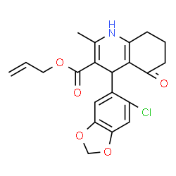 ChemSpider 2D Image | Allyl 4-(6-chloro-1,3-benzodioxol-5-yl)-2-methyl-5-oxo-1,4,5,6,7,8-hexahydro-3-quinolinecarboxylate | C21H20ClNO5