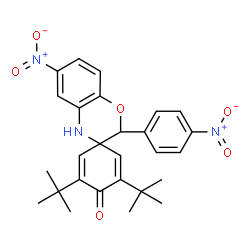 ChemSpider 2D Image | 3',5'-Bis(2-methyl-2-propanyl)-6-nitro-2-(4-nitrophenyl)-4H,4'H-spiro[1,4-benzoxazine-3,1'-cyclohexa[2,5]dien]-4'-one | C27H29N3O6