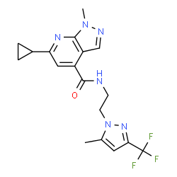 ChemSpider 2D Image | 6-Cyclopropyl-1-methyl-N-{2-[5-methyl-3-(trifluoromethyl)-1H-pyrazol-1-yl]ethyl}-1H-pyrazolo[3,4-b]pyridine-4-carboxamide | C18H19F3N6O