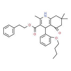 ChemSpider 2D Image | 2-Phenylethyl 4-(2-butoxyphenyl)-2,7,7-trimethyl-5-oxo-1,4,5,6,7,8-hexahydro-3-quinolinecarboxylate | C31H37NO4