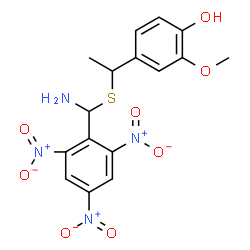 ChemSpider 2D Image | 4-(1-{[Amino(2,4,6-trinitrophenyl)methyl]sulfanyl}ethyl)-2-methoxyphenol | C16H16N4O8S