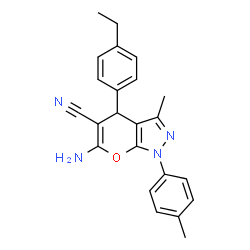 ChemSpider 2D Image | 6-Amino-4-(4-ethylphenyl)-3-methyl-1-(4-methylphenyl)-1,4-dihydropyrano[2,3-c]pyrazole-5-carbonitrile | C23H22N4O