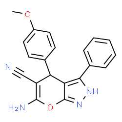 ChemSpider 2D Image | 6-amino-4-(4-methoxyphenyl)-3-phenyl-1,4-dihydropyrano[2,3-c]pyrazole-5-carbonitrile | C20H16N4O2