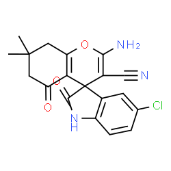 ChemSpider 2D Image | 2-Amino-5'-chloro-7,7-dimethyl-2',5-dioxo-1',2',5,6,7,8-hexahydrospiro[chromene-4,3'-indole]-3-carbonitrile | C19H16ClN3O3