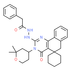 ChemSpider 2D Image | N'-[3-(2,2-Dimethyltetrahydro-2H-pyran-4-yl)-4-oxo-4,6-dihydro-3H-spiro[benzo[h]quinazoline-5,1'-cyclohexan]-2-yl]-2-phenylacetohydrazide | C32H38N4O3