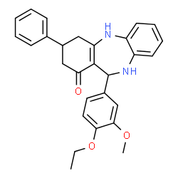 ChemSpider 2D Image | 11-(4-Ethoxy-3-methoxyphenyl)-3-phenyl-2,3,4,5,10,11-hexahydro-1H-dibenzo[b,e][1,4]diazepin-1-one | C28H28N2O3