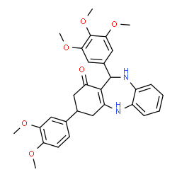 ChemSpider 2D Image | 3-(3,4-Dimethoxyphenyl)-11-(3,4,5-trimethoxyphenyl)-2,3,4,5,10,11-hexahydro-1H-dibenzo[b,e][1,4]diazepin-1-one | C30H32N2O6