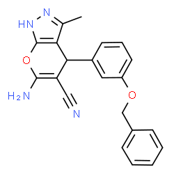 ChemSpider 2D Image | 6-Amino-4-[3-(benzyloxy)phenyl]-3-methyl-1,4-dihydropyrano[2,3-c]pyrazole-5-carbonitrile | C21H18N4O2