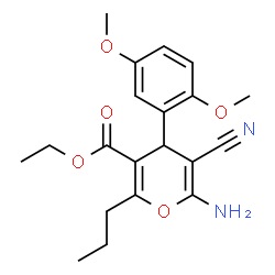 ChemSpider 2D Image | Ethyl 6-amino-5-cyano-4-(2,5-dimethoxyphenyl)-2-propyl-4H-pyran-3-carboxylate | C20H24N2O5