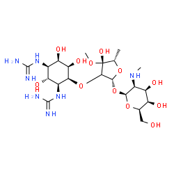 ChemSpider 2D Image | 1,1'-[(1R,2R,3S,4S,5R,6R)-4-{[(2R,4R,5S)-2-{[(2S,3S,4R,5R,6R)-4,5-Dihydroxy-6-(hydroxymethyl)-3-(methylamino)tetrahydro-2H-pyran-2-yl]oxy}-4-hydroxy-4-methoxy-5-methyltetrahydro-3-furanyl]oxy}-2,5,6-t
rihydroxy-1,3-cyclohexanediyl]diguanidine (non-preferred name) | C21H41N7O12