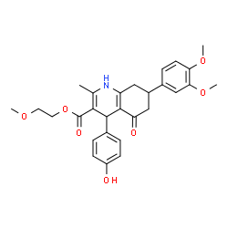 ChemSpider 2D Image | 2-Methoxyethyl 7-(3,4-dimethoxyphenyl)-4-(4-hydroxyphenyl)-2-methyl-5-oxo-1,4,5,6,7,8-hexahydro-3-quinolinecarboxylate | C28H31NO7