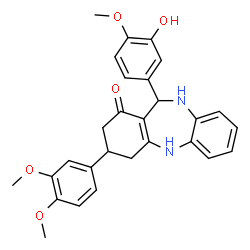 ChemSpider 2D Image | 3-(3,4-Dimethoxyphenyl)-11-(3-hydroxy-4-methoxyphenyl)-2,3,4,5,10,11-hexahydro-1H-dibenzo[b,e][1,4]diazepin-1-one | C28H28N2O5
