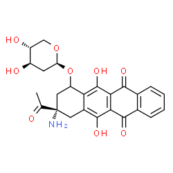 ChemSpider 2D Image | (3S)-3-Acetyl-3-amino-5,12-dihydroxy-6,11-dioxo-1,2,3,4,6,11-hexahydro-1-tetracenyl 2-deoxy-beta-D-threo-pentopyranoside | C25H25NO9