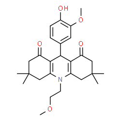 ChemSpider 2D Image | 9-(4-Hydroxy-3-methoxyphenyl)-10-(2-methoxyethyl)-3,3,6,6-tetramethyl-3,4,6,7,9,10-hexahydro-1,8(2H,5H)-acridinedione | C27H35NO5