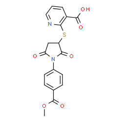 ChemSpider 2D Image | 2-({1-[4-(Methoxycarbonyl)phenyl]-2,5-dioxo-3-pyrrolidinyl}sulfanyl)nicotinic acid | C18H14N2O6S