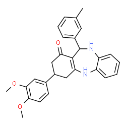 ChemSpider 2D Image | 3-(3,4-Dimethoxyphenyl)-11-(3-methylphenyl)-2,3,4,5,10,11-hexahydro-1H-dibenzo[b,e][1,4]diazepin-1-one | C28H28N2O3