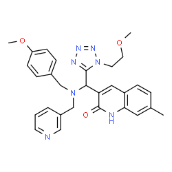 ChemSpider 2D Image | 3-{[(4-Methoxybenzyl)(3-pyridinylmethyl)amino][1-(2-methoxyethyl)-1H-tetrazol-5-yl]methyl}-7-methyl-2(1H)-quinolinone | C29H31N7O3