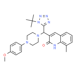 ChemSpider 2D Image | 3-{[4-(4-Methoxyphenyl)-1-piperazinyl][1-(2-methyl-2-propanyl)-1H-tetrazol-5-yl]methyl}-8-methyl-2(1H)-quinolinone | C27H33N7O2