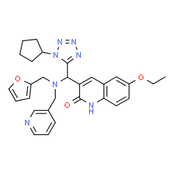 ChemSpider 2D Image | 3-{(1-Cyclopentyl-1H-tetrazol-5-yl)[(2-furylmethyl)(3-pyridinylmethyl)amino]methyl}-6-ethoxy-2(1H)-quinolinone | C29H31N7O3