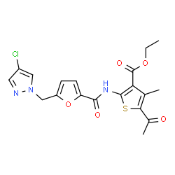 ChemSpider 2D Image | Ethyl 5-acetyl-2-({5-[(4-chloro-1H-pyrazol-1-yl)methyl]-2-furoyl}amino)-4-methyl-3-thiophenecarboxylate | C19H18ClN3O5S